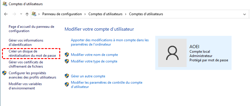 Comment créer un disque de réinitialisation mot de passe Windows 10