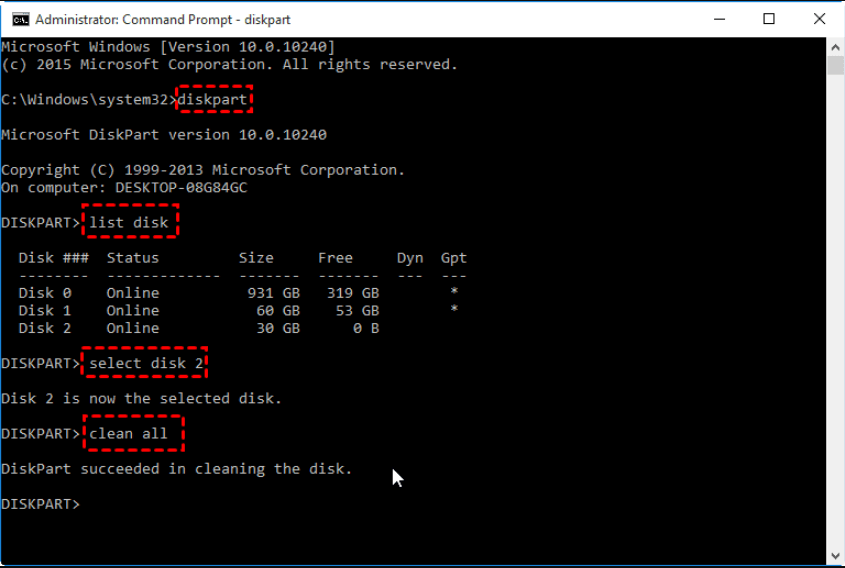 clean disk command run windows 10