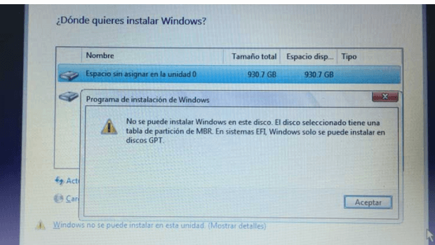 windows no se puede instalar